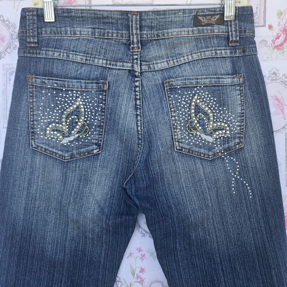 VTG Y2K Women's Faded Flare Jeans Embellished‎ Rhinestone Butterfly 9/10 Fairy